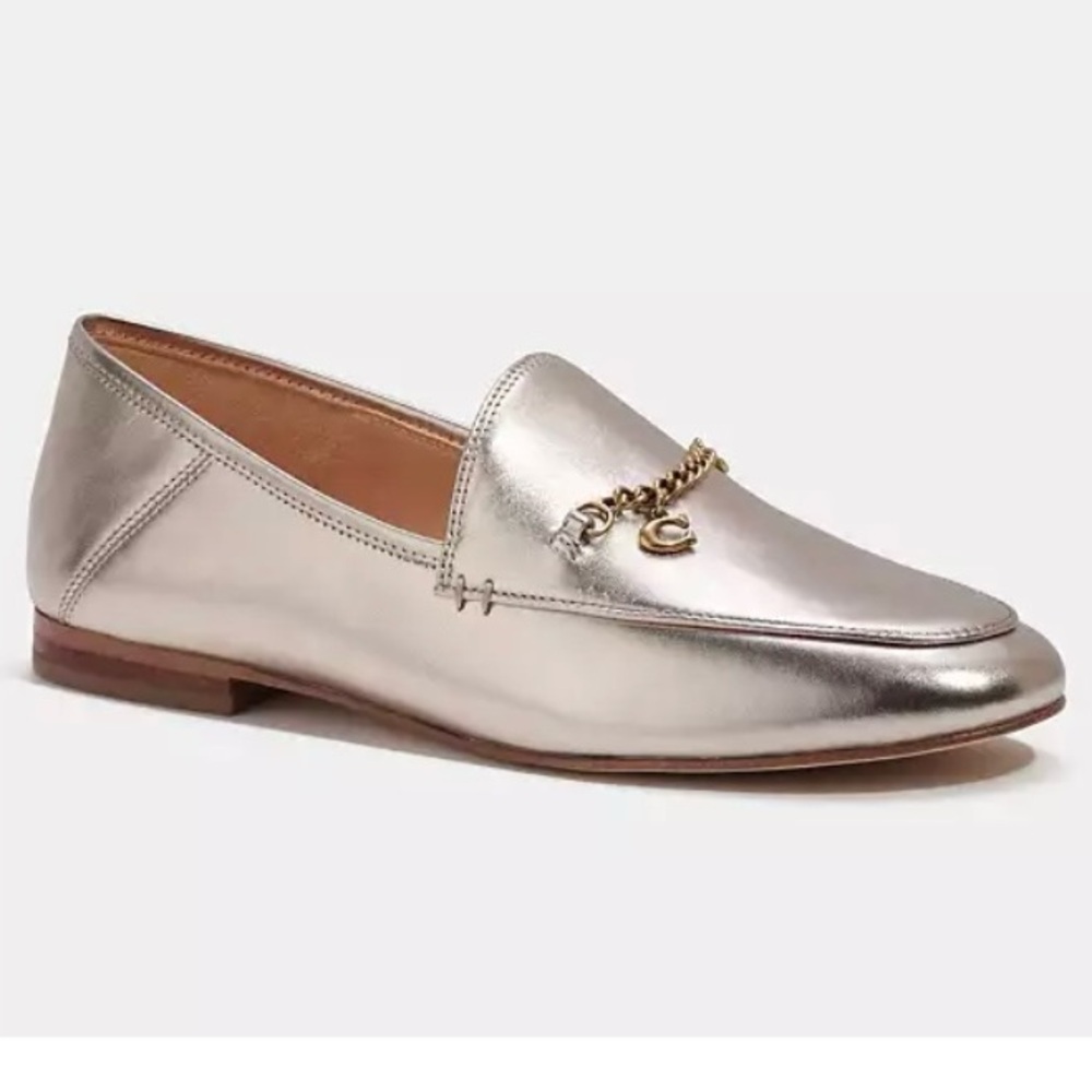 Coach Metallic Silver - Gold Loafers with Gold Chain